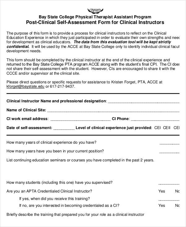 post clinical self assessment form