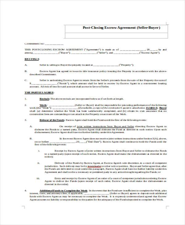 post closing escrow holdback agreement form