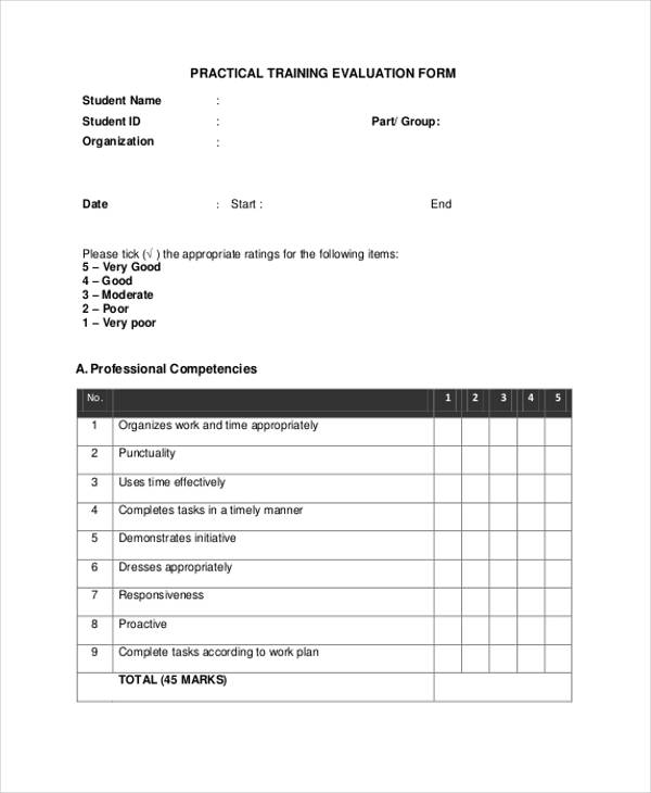 practical training evaluation form example