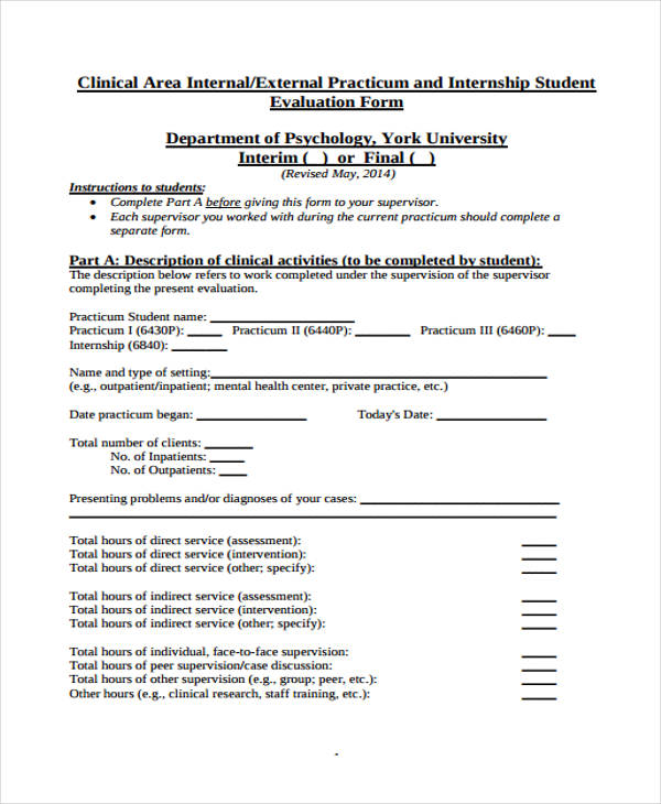practicum student supervisor evaluation form