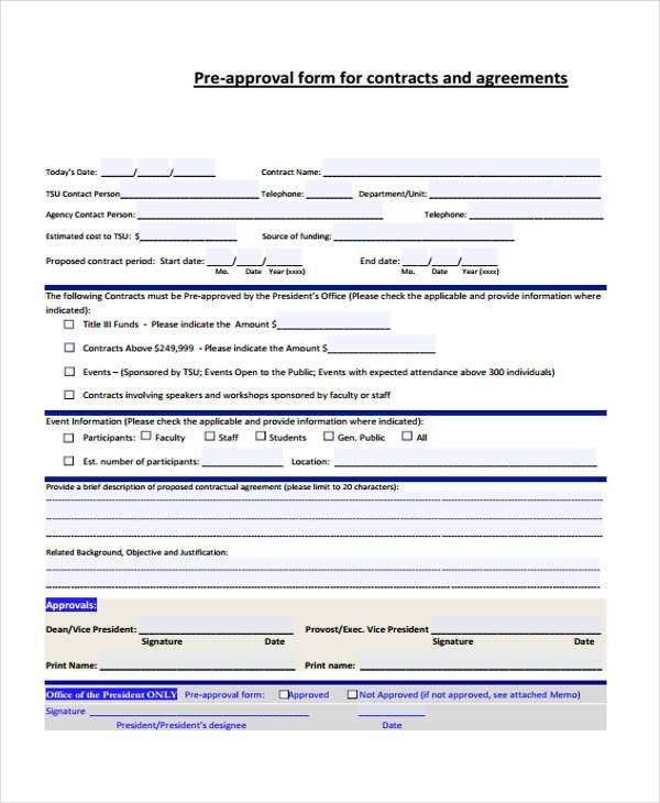 pre approval contract agreement form