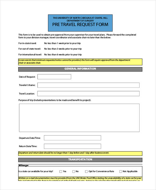 pre business travel request form
