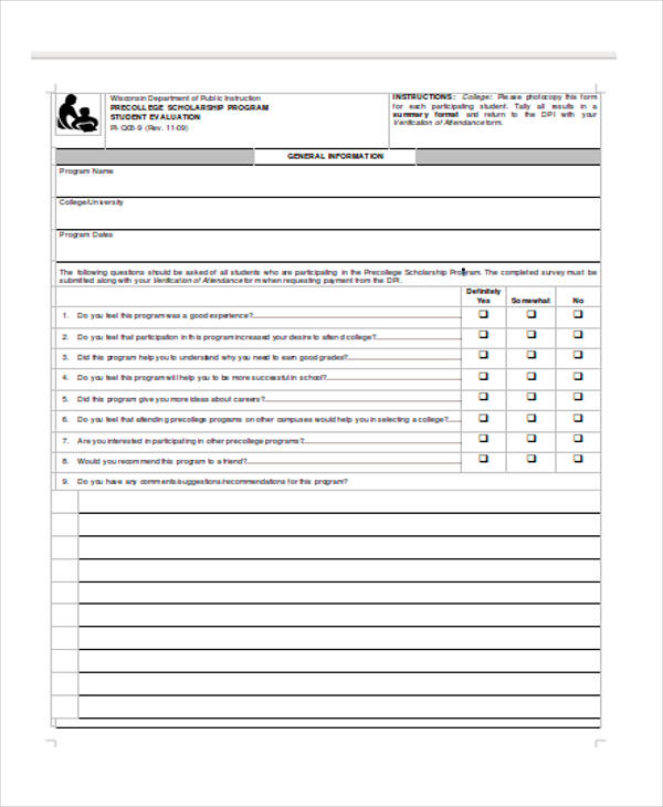 pre college scholarship student evaluation form