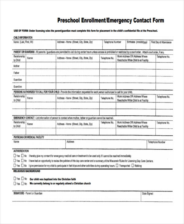 pre school enrollment emergency contact form
