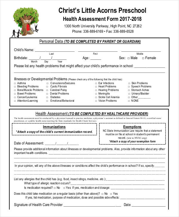 pre school health assessment form