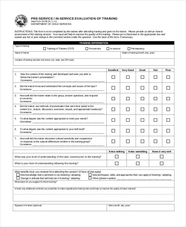 pre service training evaluation form