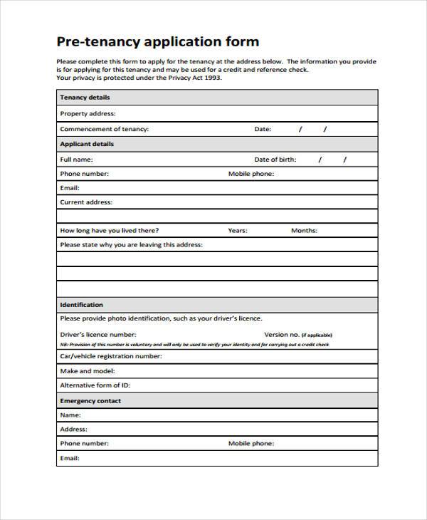 pre tenant rental application form