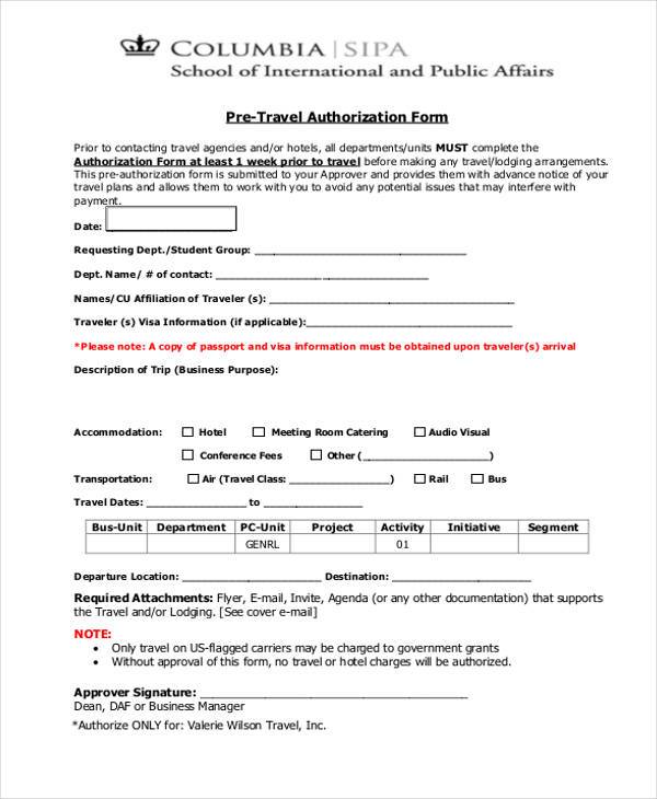pre travel authorization form