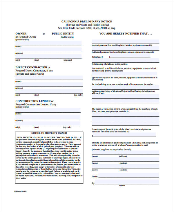 California Preliminary Notice Form Printable Printable Forms Free Online 4773