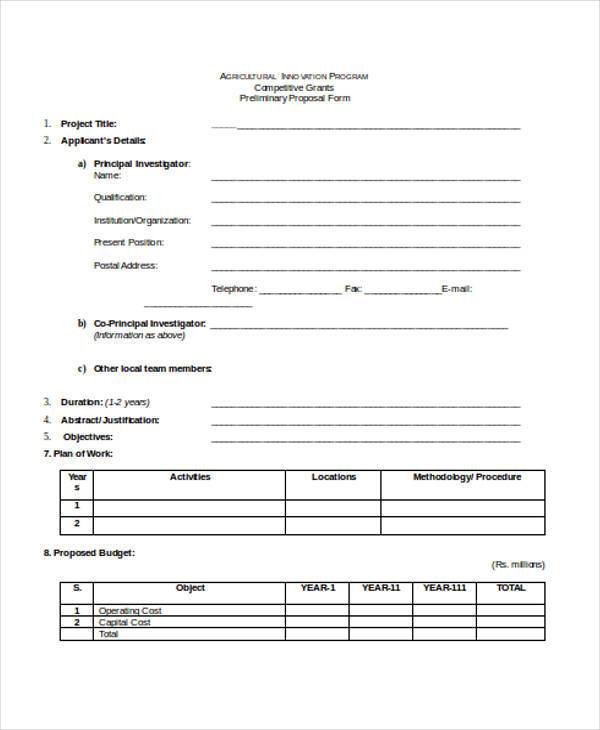 preliminary project proposal form