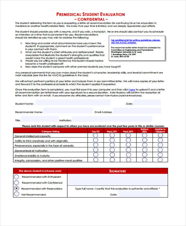 premedical student evaluation form