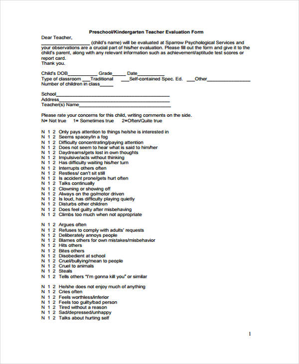 preschool teacher evaluation form