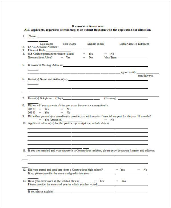 printable affidavit of residency form