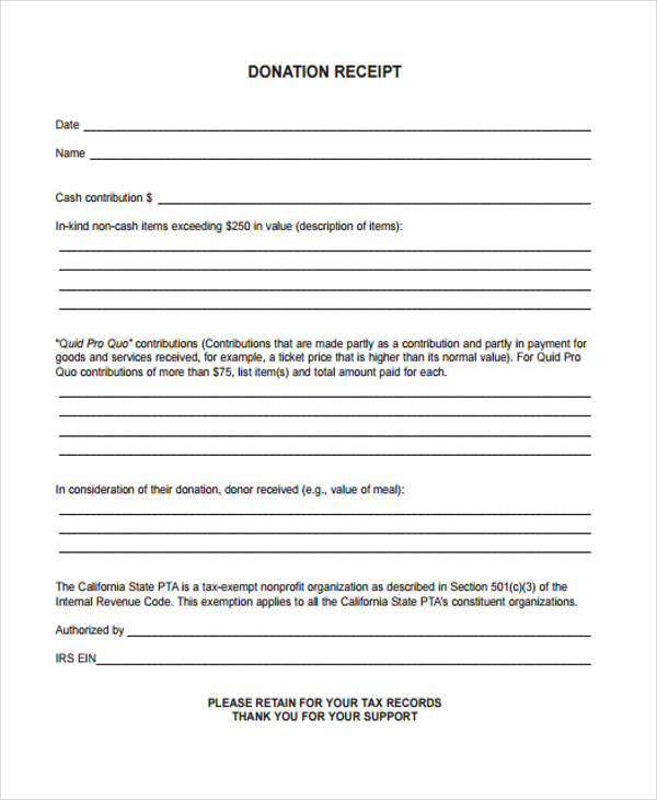 printable donation receipt form