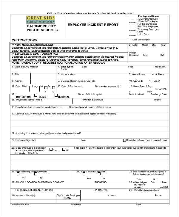 printable employee incident report form