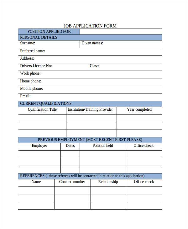 printable generic job application form
