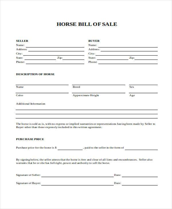 printable horse bill of sale form