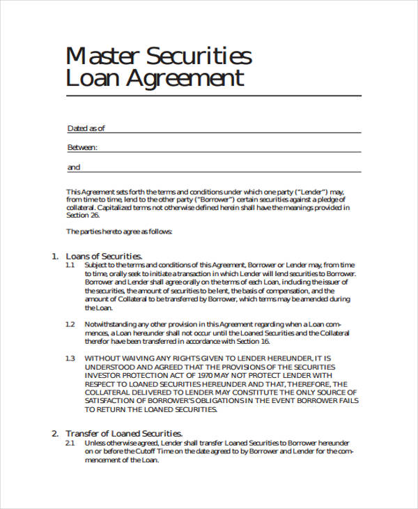 printable master securities loan agreement