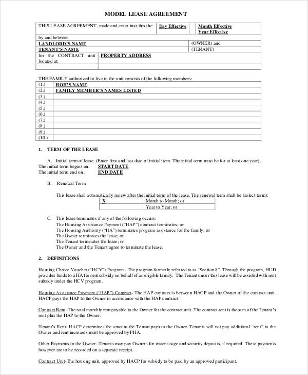 printable model lease agreement