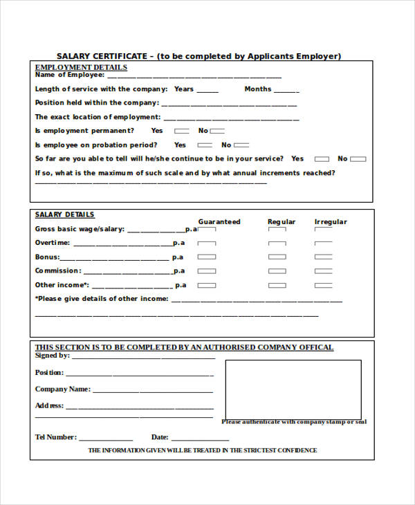 printable salary certificate form