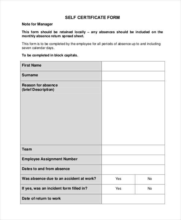 printable self certificate form