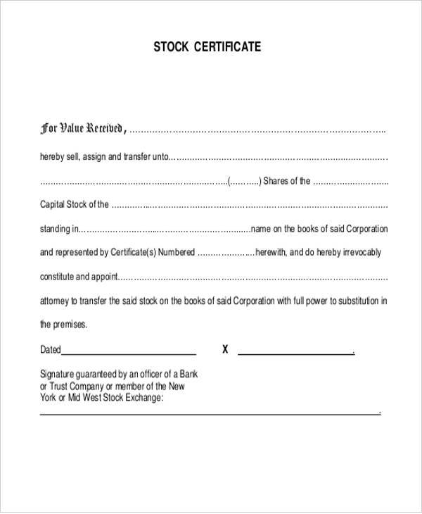 printable stock certificate form template