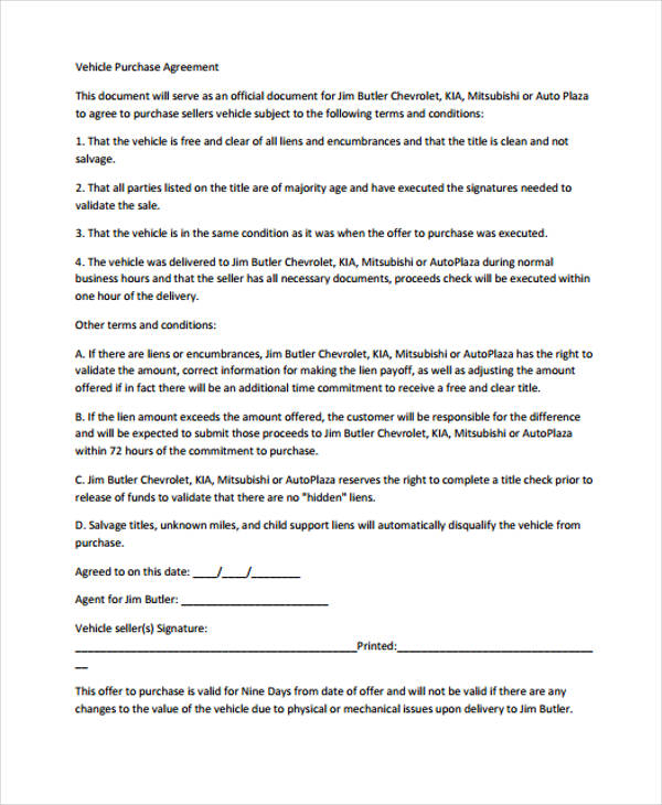 printable vehicle purchase agreement form