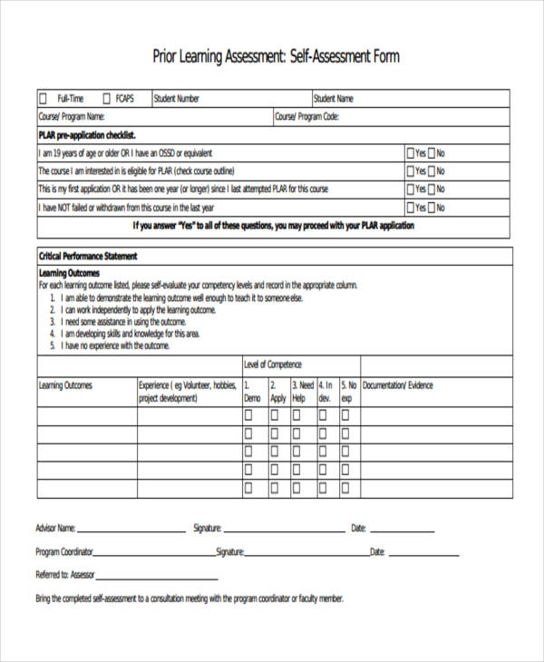 prior learning self assessment form