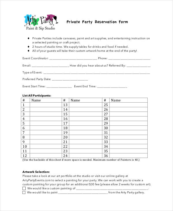 private party reservation form2