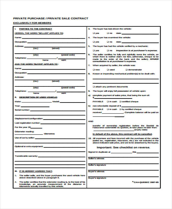 private vehicle purchase agreement form