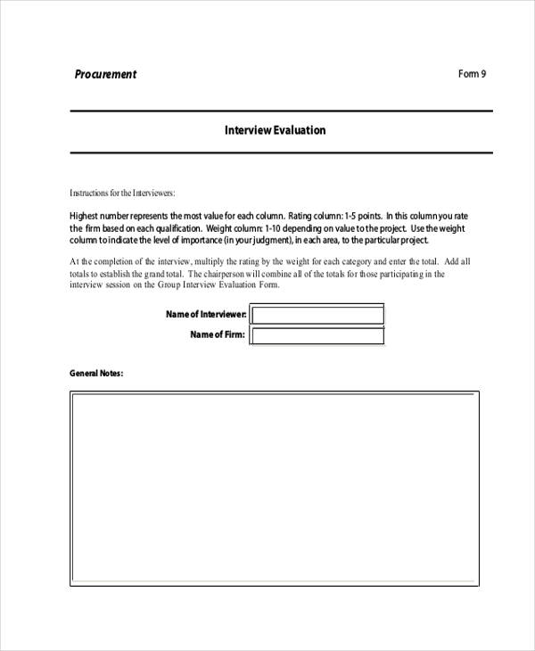 procurement interview evaluation form sample