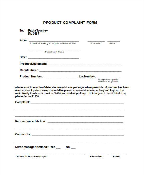 product complaint form example