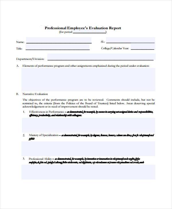 professional employee’s evaluation report