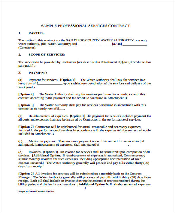 professional service agreement contract form