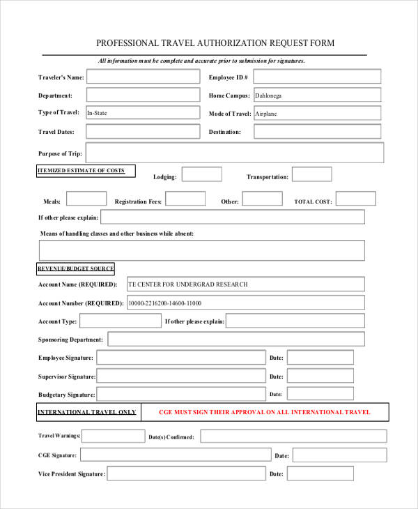 professional travel authorisation request form
