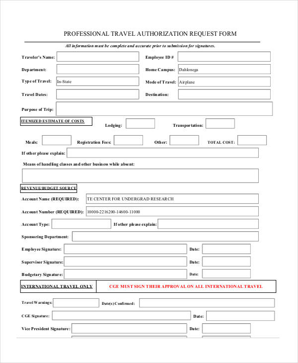 professional travel authorization request form