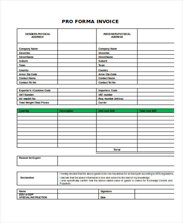 proforma invoice format word