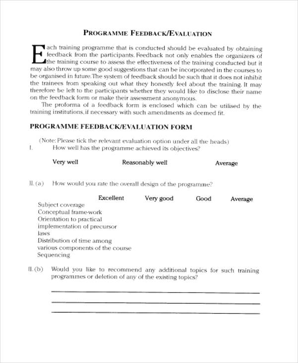 programme training evaluation feedback form