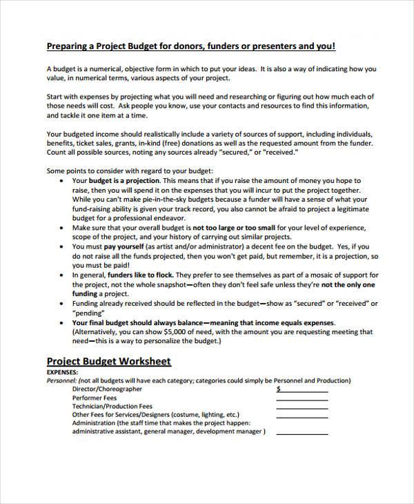 project budget worksheet form