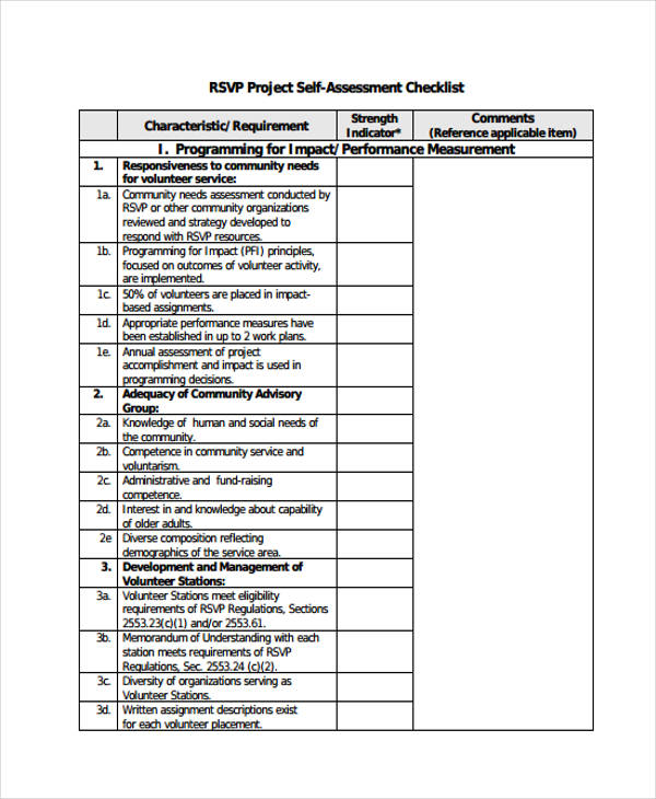 project self assessment checklist