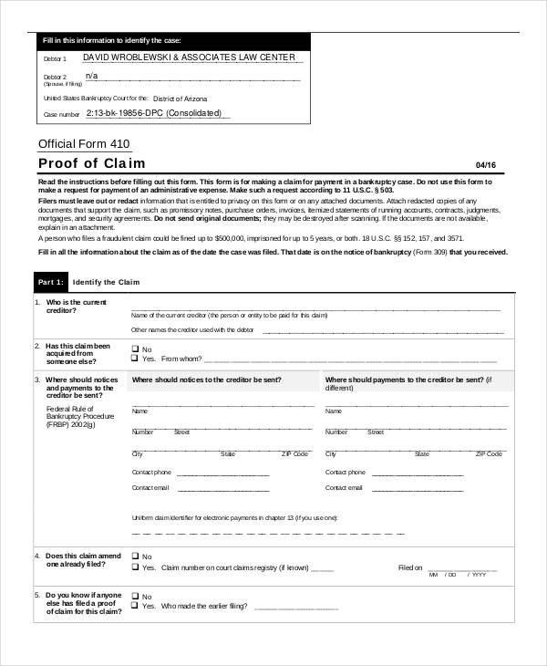 proof of claim official form