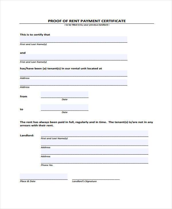 proof of rent certificate form
