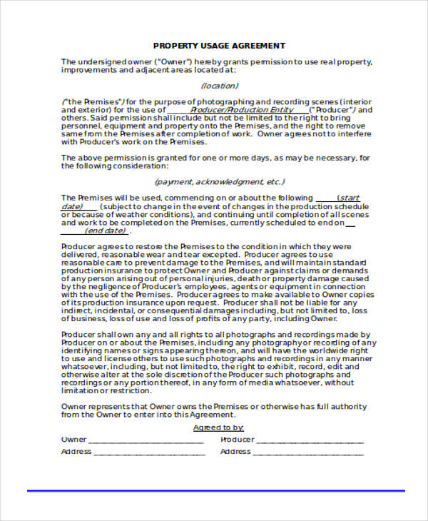 property usage agreement form sample