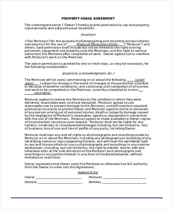 usage agreement rights Free  Property Samples Agreement Example Sample, 8 Form