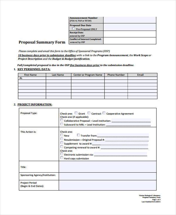 proposal summary form format