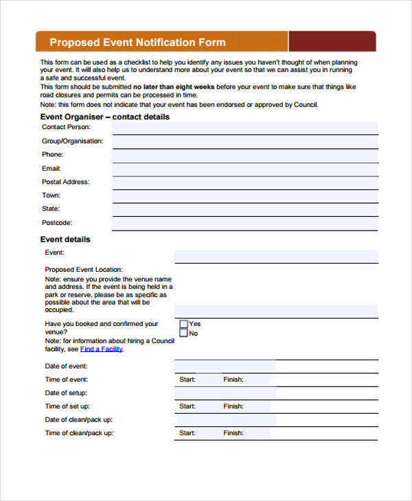 proposed event notification form