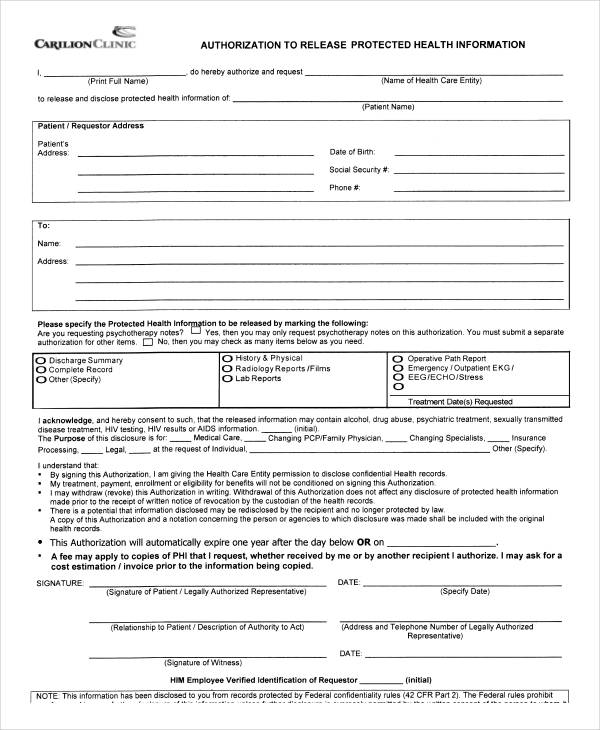 protected health release authorization form