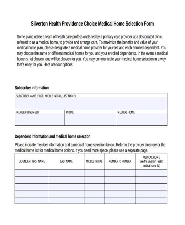 providence choice medical home selection form