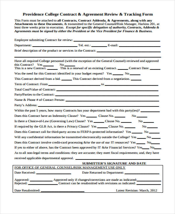 providence college contract agreement form