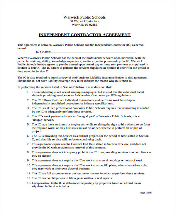 public schools independent contractor agreement form